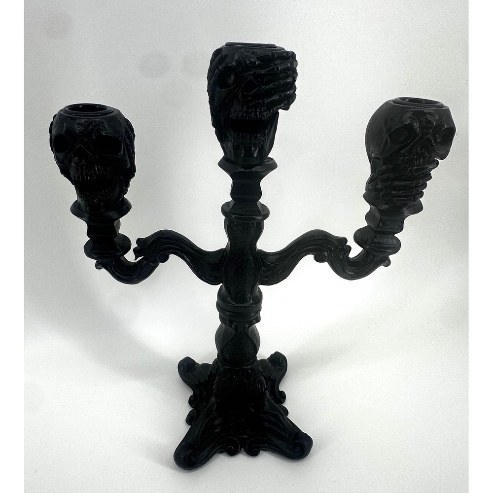 Gothic Matte Black Skull Candelabra 3-Light Taper Candle Holder Halloween Decor